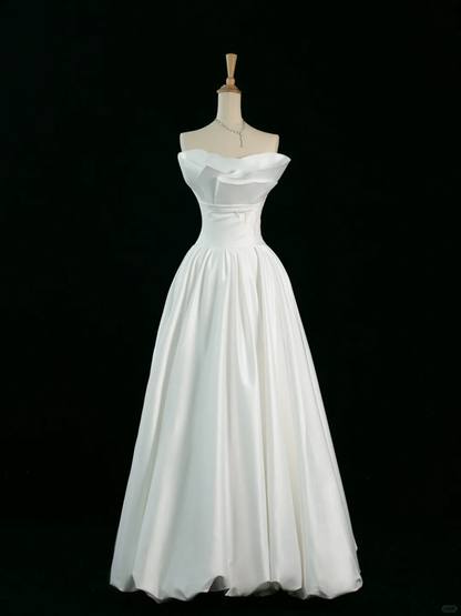Hermoso vestido de novia corte A sin tirantes, sin mangas, blanco, largo, DH350