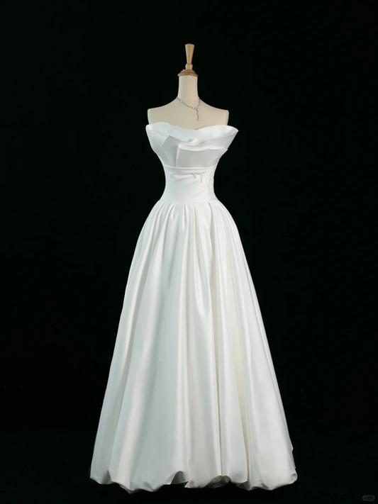 Hermoso vestido de novia corte A sin tirantes, sin mangas, blanco, largo, DH350