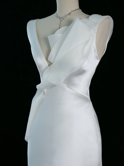 Hermoso vestido de novia estilo sirena con escote en V, blanco, de satén, largo, vintage, DH352