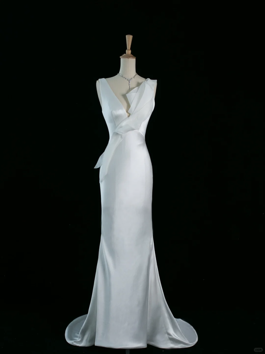 Hermoso vestido de novia estilo sirena con escote en V, blanco, de satén, largo, vintage, DH352
