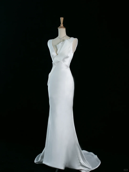 Hermoso vestido de novia estilo sirena con escote en V, blanco, de satén, largo, vintage, DH352