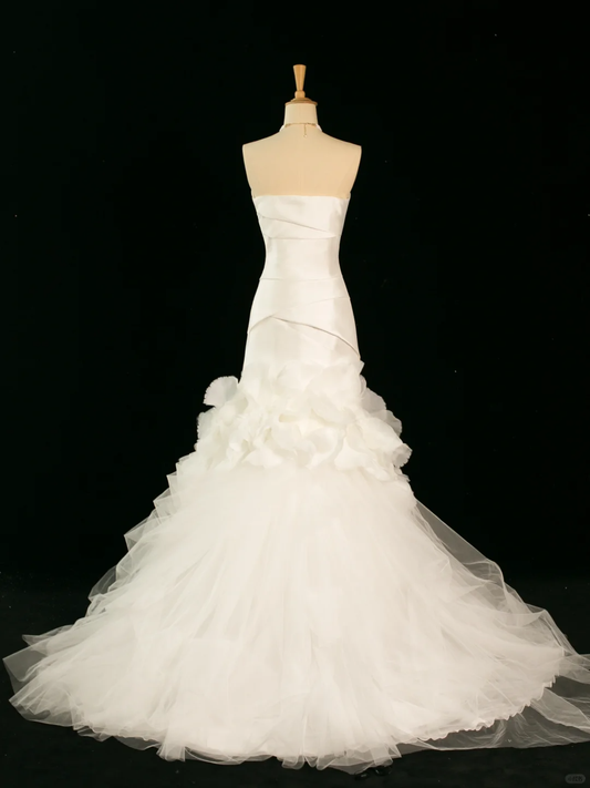 Hermoso vestido de novia estilo sirena, sin tirantes, color marfil, sin mangas, de satén, largo, vintage, DH354