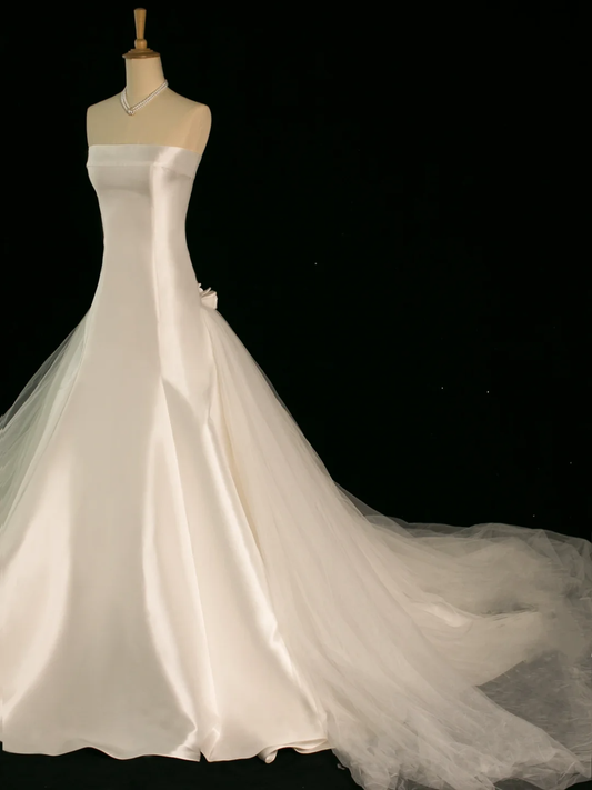 Hermoso vestido de novia estilo sirena, sin tirantes, color marfil, sin mangas, de satén, largo, vintage, DH355