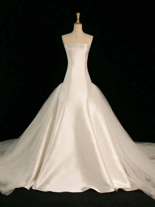 Hermoso vestido de novia estilo sirena, sin tirantes, color marfil, sin mangas, de satén, largo, vintage, DH355