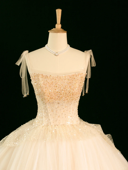 Elegante vestido de novia largo de verano con tirantes finos, sin mangas, color marfil y tul, DH356