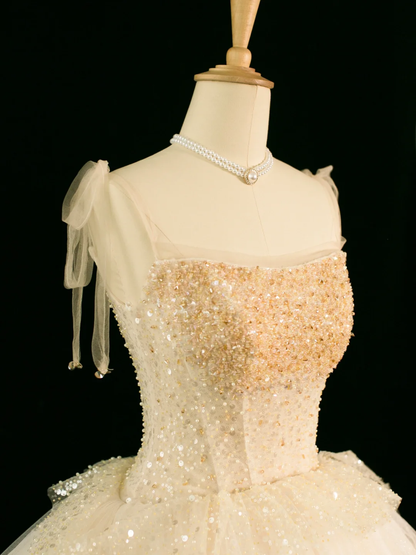 Elegante vestido de novia largo de verano con tirantes finos, sin mangas, color marfil y tul, DH356