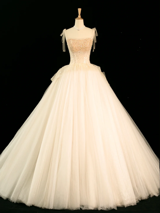 Elegante vestido de novia largo de verano con tirantes finos, sin mangas, color marfil y tul, DH356