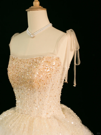 Elegante vestido de novia largo de verano con tirantes finos, sin mangas, color marfil y tul, DH356