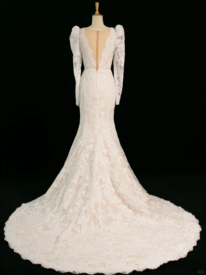 Hermoso vestido de novia estilo sirena, escote en V, color marfil, sin mangas, con encaje, largo, vintage, DH357
