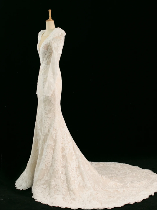 Hermoso vestido de novia estilo sirena, escote en V, color marfil, sin mangas, con encaje, largo, vintage, DH357