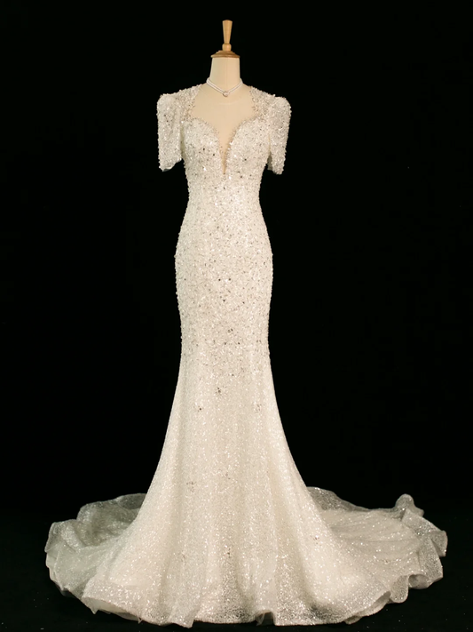 Hermoso vestido de novia estilo sirena, escote corazón, mangas cortas, lentejuelas, largo, vintage, DH358