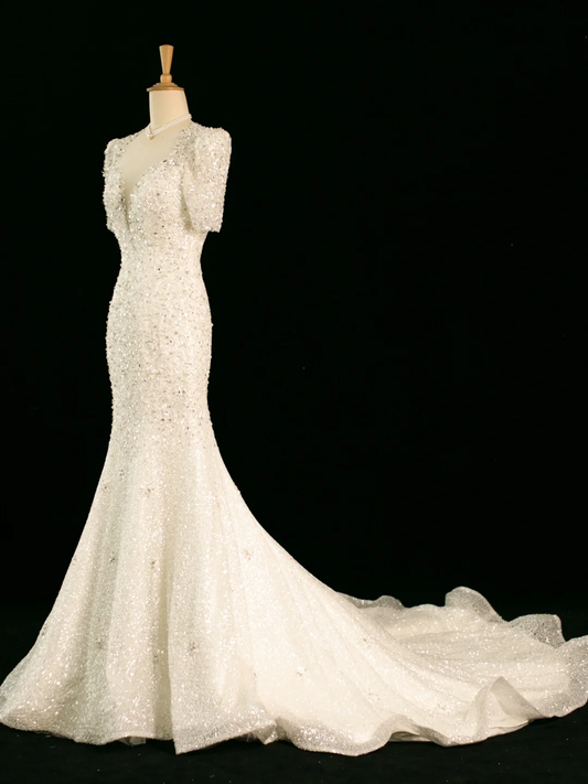 Hermoso vestido de novia estilo sirena, escote corazón, mangas cortas, lentejuelas, largo, vintage, DH358