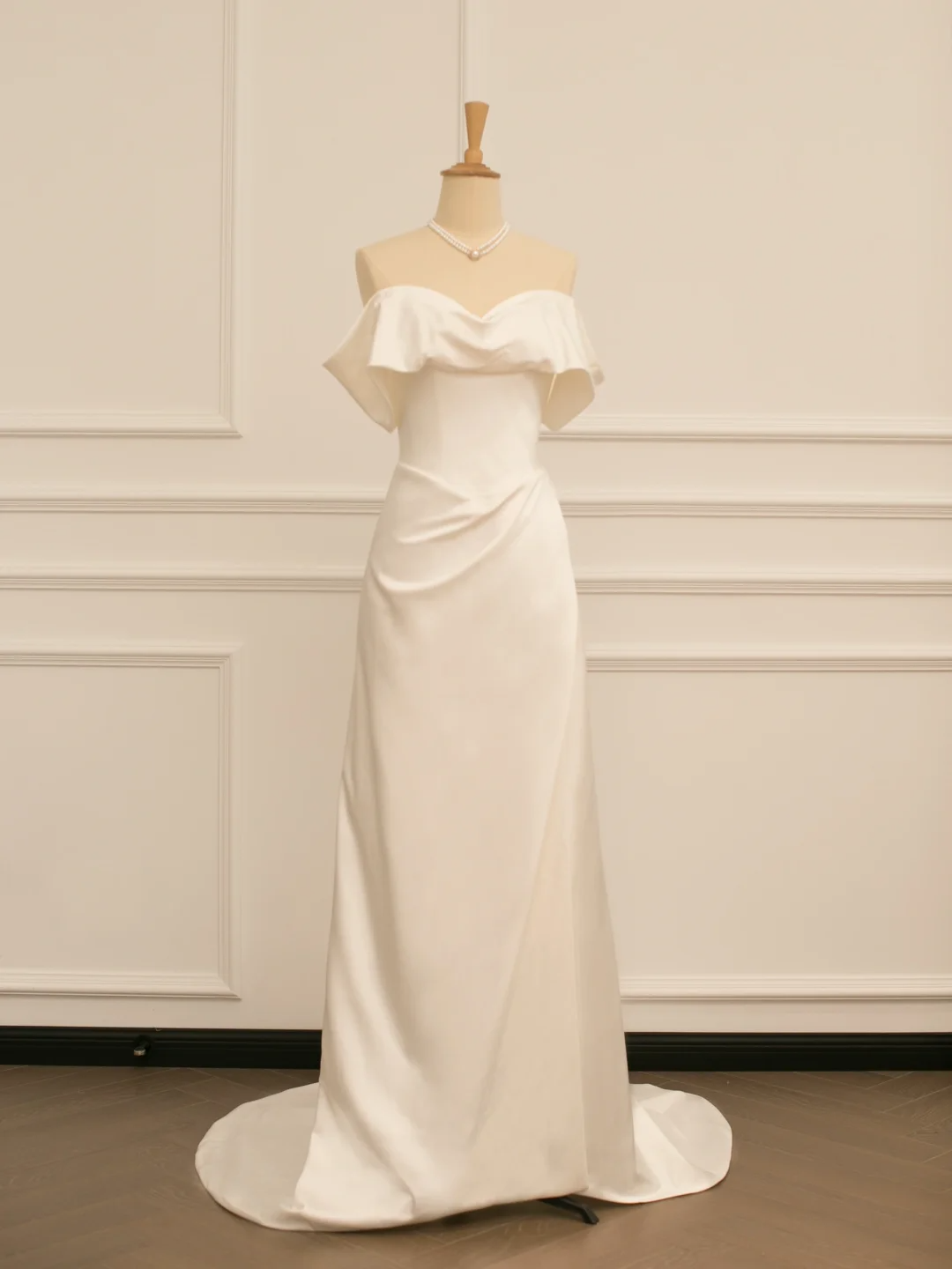 Hermoso vestido de novia blanco largo, corte A, hombros descubiertos, manga corta, DH359