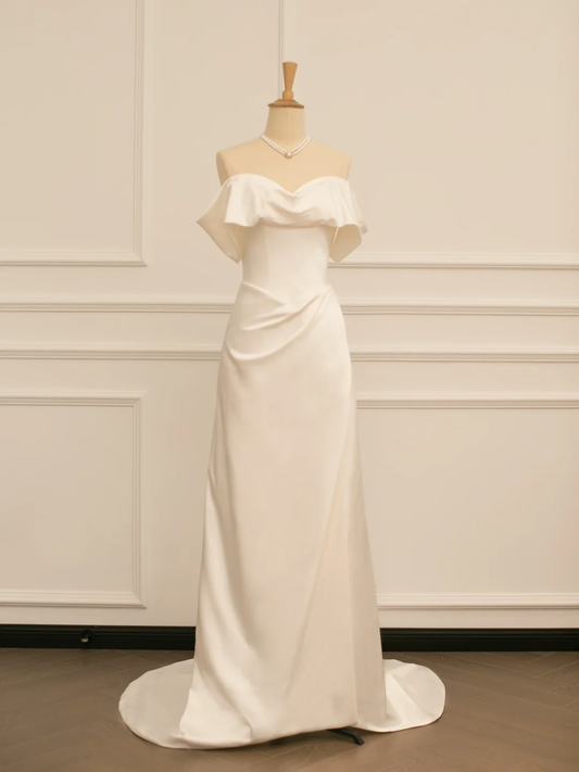 Hermoso vestido de novia blanco largo, corte A, hombros descubiertos, manga corta, DH359
