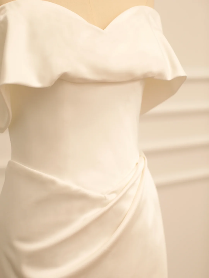 Hermoso vestido de novia blanco largo, corte A, hombros descubiertos, manga corta, DH359