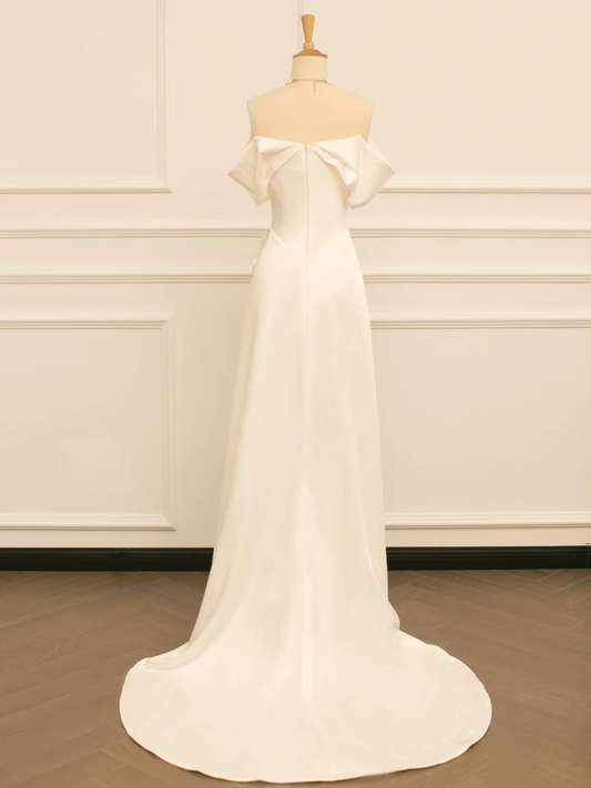 Hermoso vestido de novia blanco largo, corte A, hombros descubiertos, manga corta, DH359