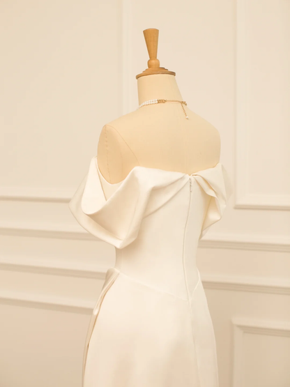 Hermoso vestido de novia blanco largo, corte A, hombros descubiertos, manga corta, DH359