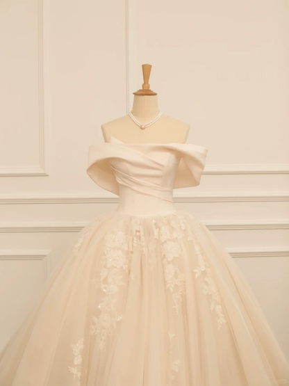 Elegante vestido de novia, vestido de fiesta, hombros descubiertos, manga corta, tul color marfil, vestidos de novia largos de verano, vestido de novia, vestidos de novia DH360