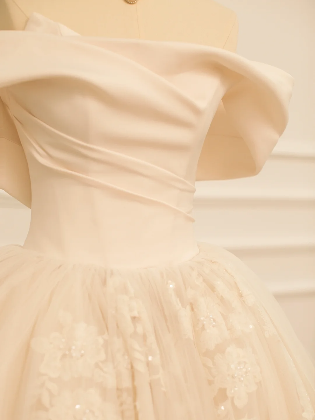 Elegante vestido de novia, vestido de fiesta, hombros descubiertos, manga corta, tul color marfil, vestidos de novia largos de verano, vestido de novia, vestidos de novia DH360