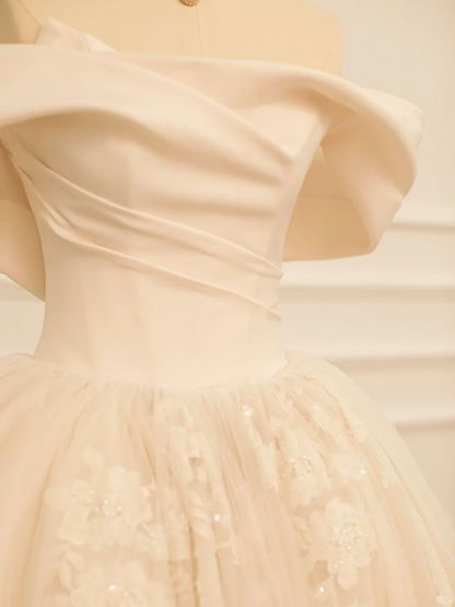 Elegante vestido de novia, vestido de fiesta, hombros descubiertos, manga corta, tul color marfil, vestidos de novia largos de verano, vestido de novia, vestidos de novia DH360