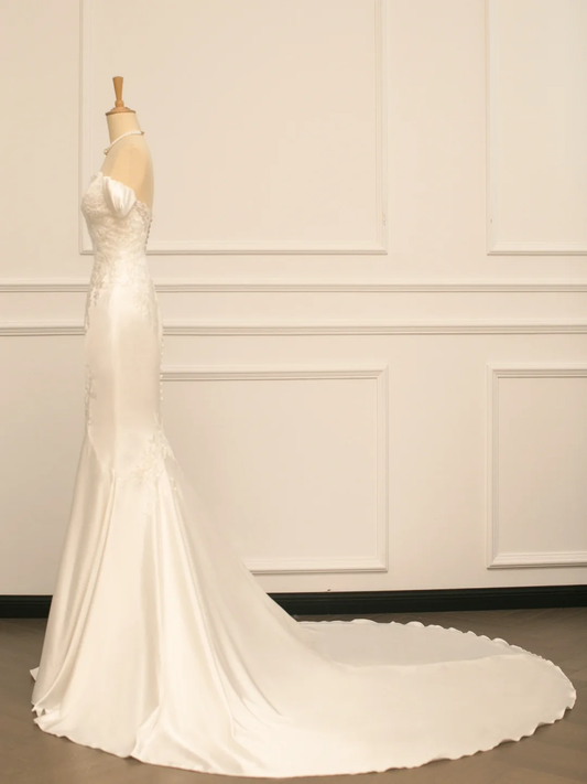 Hermoso vestido de novia estilo sirena, hombros descubiertos, mangas cortas, satén, largo, vintage, DH361