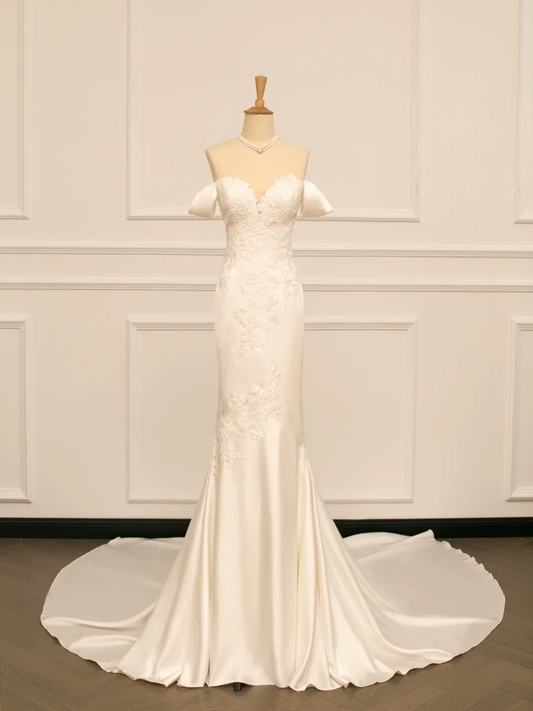 Hermoso vestido de novia estilo sirena, hombros descubiertos, mangas cortas, satén, largo, vintage, DH361