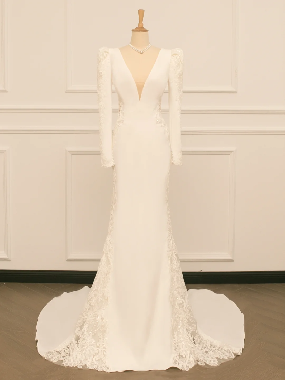 Hermoso vestido de novia estilo sirena, escote en V, encaje marfil, mangas largas, espalda descubierta, estilo vintage, DH363
