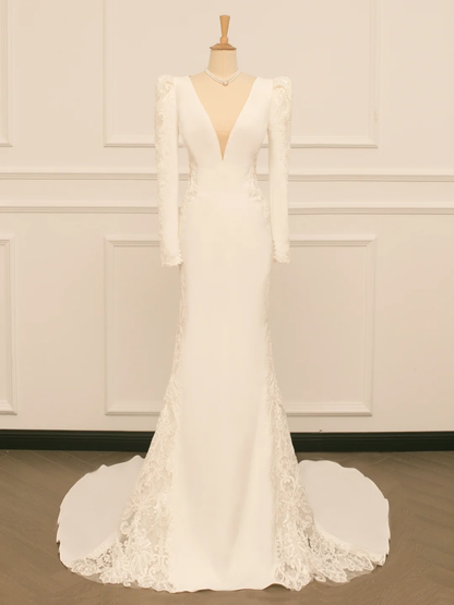 Hermoso vestido de novia estilo sirena, escote en V, encaje marfil, mangas largas, espalda descubierta, estilo vintage, DH363