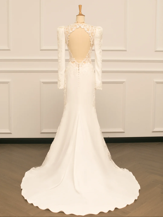 Hermoso vestido de novia estilo sirena, escote en V, encaje marfil, mangas largas, espalda descubierta, estilo vintage, DH363