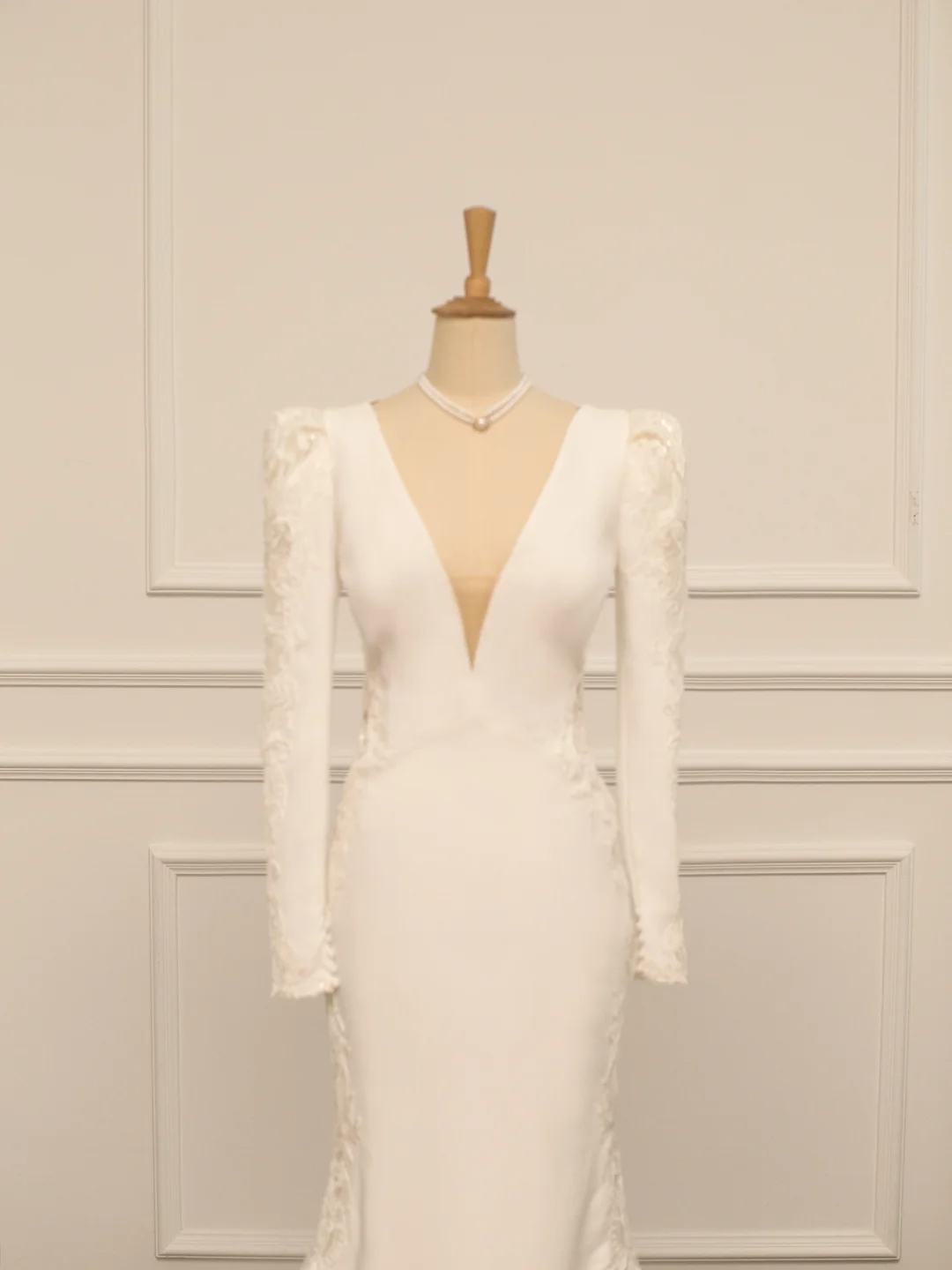 Hermoso vestido de novia estilo sirena, escote en V, encaje marfil, mangas largas, espalda descubierta, estilo vintage, DH363