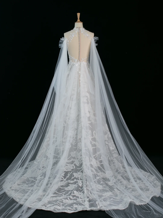 Hermoso vestido de novia corte A, escote redondo, mangas largas, tul, encaje, estilo vintage, DH366