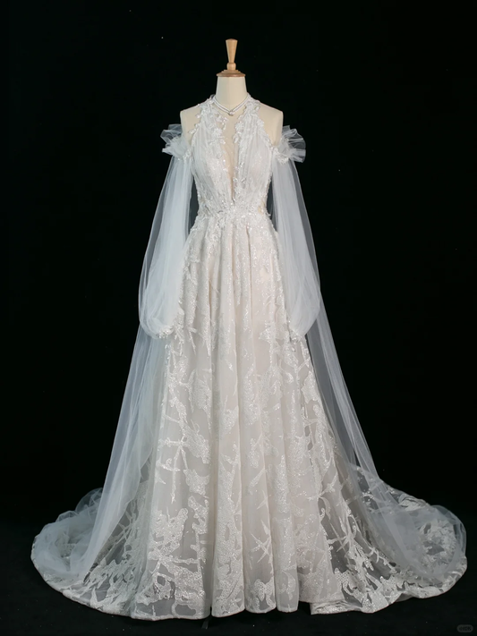 Hermoso vestido de novia corte A, escote redondo, mangas largas, tul, encaje, estilo vintage, DH366