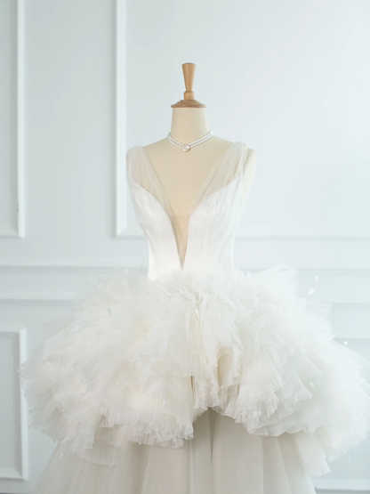 Elegante vestido de novia largo de verano con escote en V y tul blanco DH367