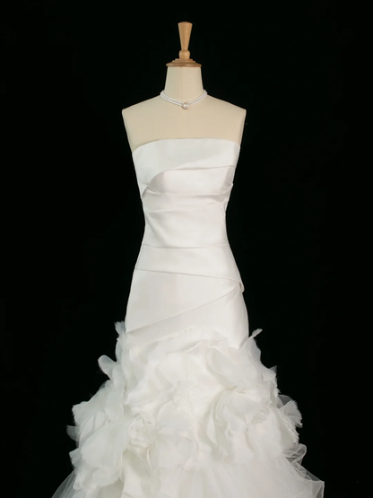 Hermoso vestido de novia de sirena, sin tirantes, blanco, sin mangas, de satén, largo, vintage, para novias, DH368