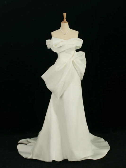 Hermoso vestido de novia estilo sirena, hombros descubiertos, mangas cortas, satén, largo, vintage, DH368