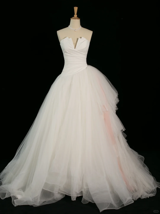 Elegante vestido de novia largo de verano, sin tirantes, de tul blanco, DH369