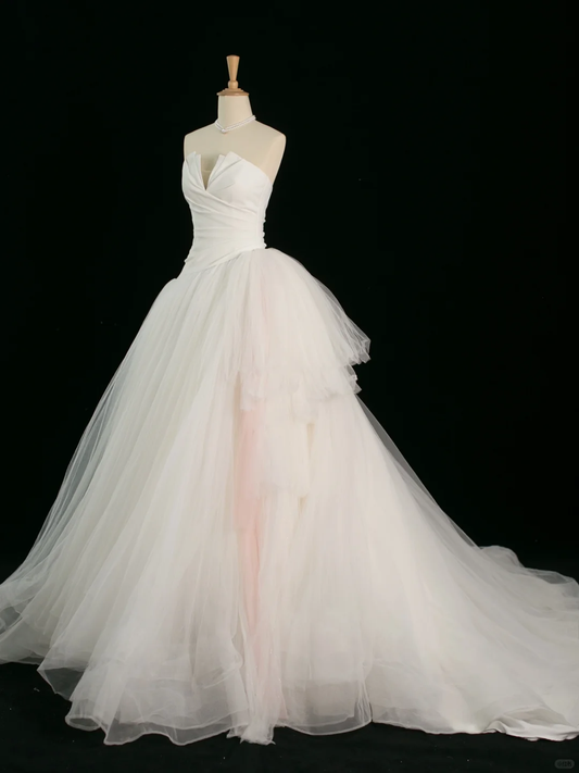 Elegante vestido de novia largo de verano, sin tirantes, de tul blanco, DH369