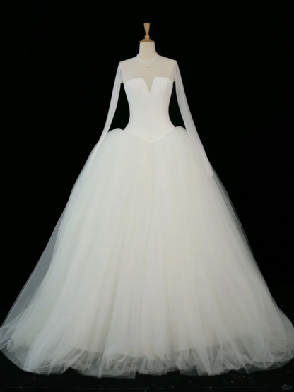 Elegante vestido de novia de verano, corte en V, mangas largas, tul blanco, DH370