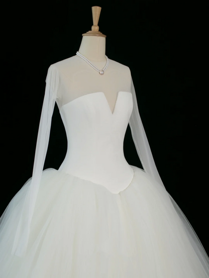 Elegante vestido de novia de verano, corte en V, mangas largas, tul blanco, DH370