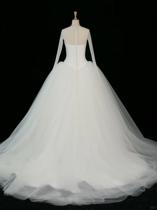 Elegante vestido de novia de verano, corte en V, mangas largas, tul blanco, DH370