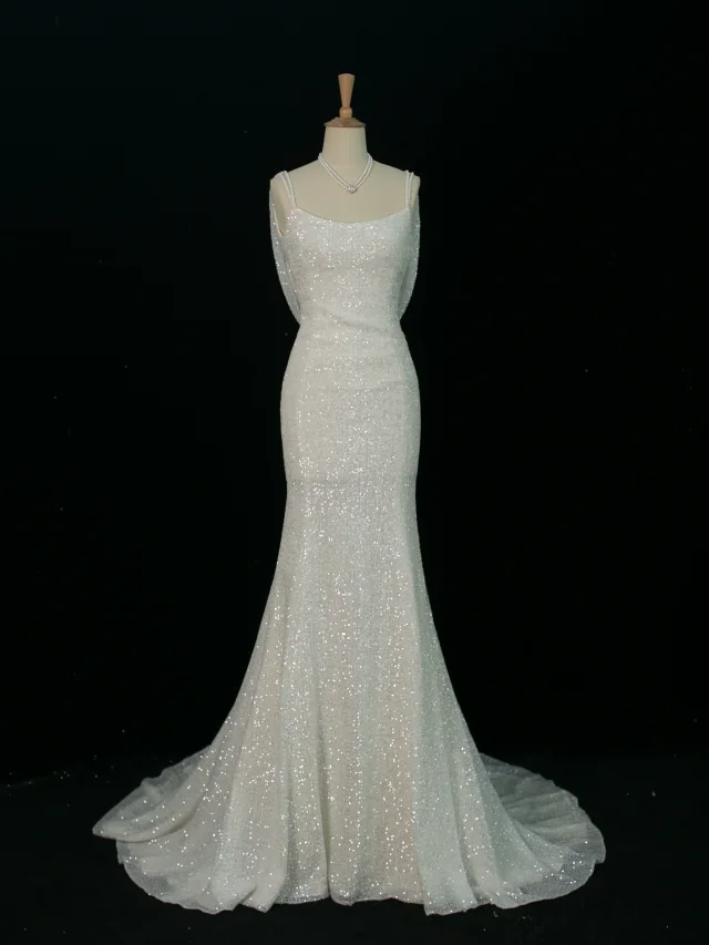 Hermoso vestido de novia estilo sirena con tirantes finos y lentejuelas blancas, largo vintage, DH372