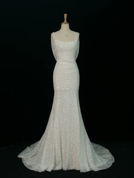 Hermoso vestido de novia estilo sirena con tirantes finos y lentejuelas blancas, largo vintage, DH372