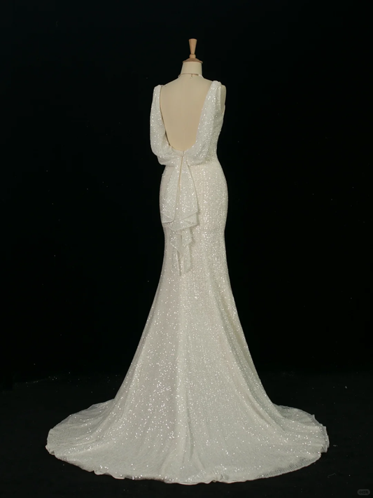 Hermoso vestido de novia estilo sirena con tirantes finos y lentejuelas blancas, largo vintage, DH372