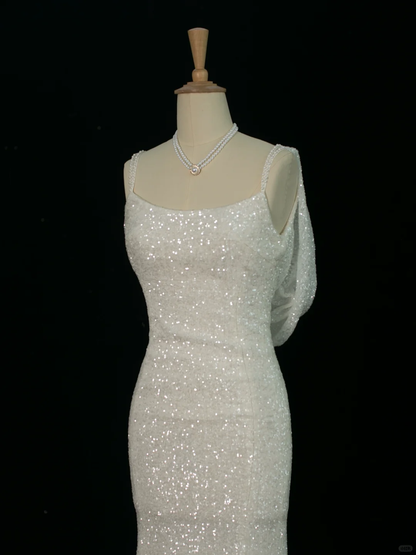 Hermoso vestido de novia estilo sirena con tirantes finos y lentejuelas blancas, largo vintage, DH372