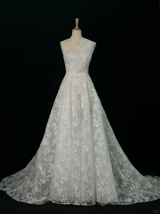 Elegante vestido de novia de verano, de un solo hombro, sin mangas, de encaje blanco, DH373