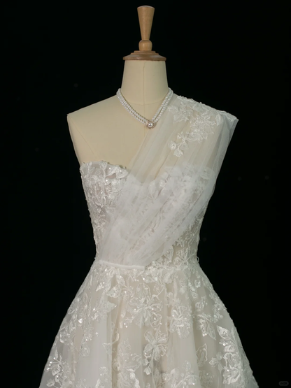 Elegante vestido de novia de verano, de un solo hombro, sin mangas, de encaje blanco, DH373