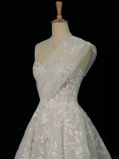 Elegante vestido de novia de verano, de un solo hombro, sin mangas, de encaje blanco, DH373