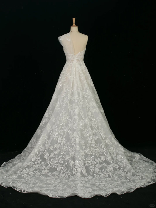 Elegante vestido de novia de verano, de un solo hombro, sin mangas, de encaje blanco, DH373