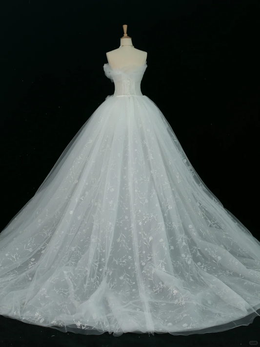 Hermoso vestido de novia, vestido de fiesta, sin tirantes, blanco, sin mangas, tul, largo, vintage, para novias, DH375