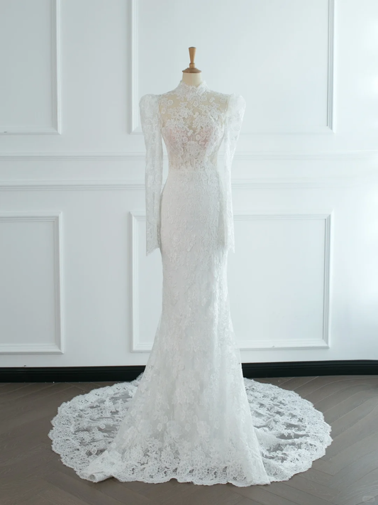 Hermoso vestido de novia estilo sirena, cuello alto, encaje blanco, mangas largas, espalda descubierta, estilo vintage, DH378